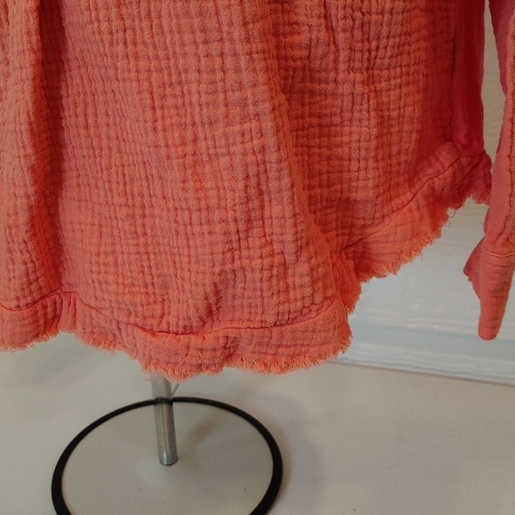 Women's Small Coral/Pink Gauze Long Sleeves Blouse Raw Hem 100% Cotton Flowy - Picture 4 of 9